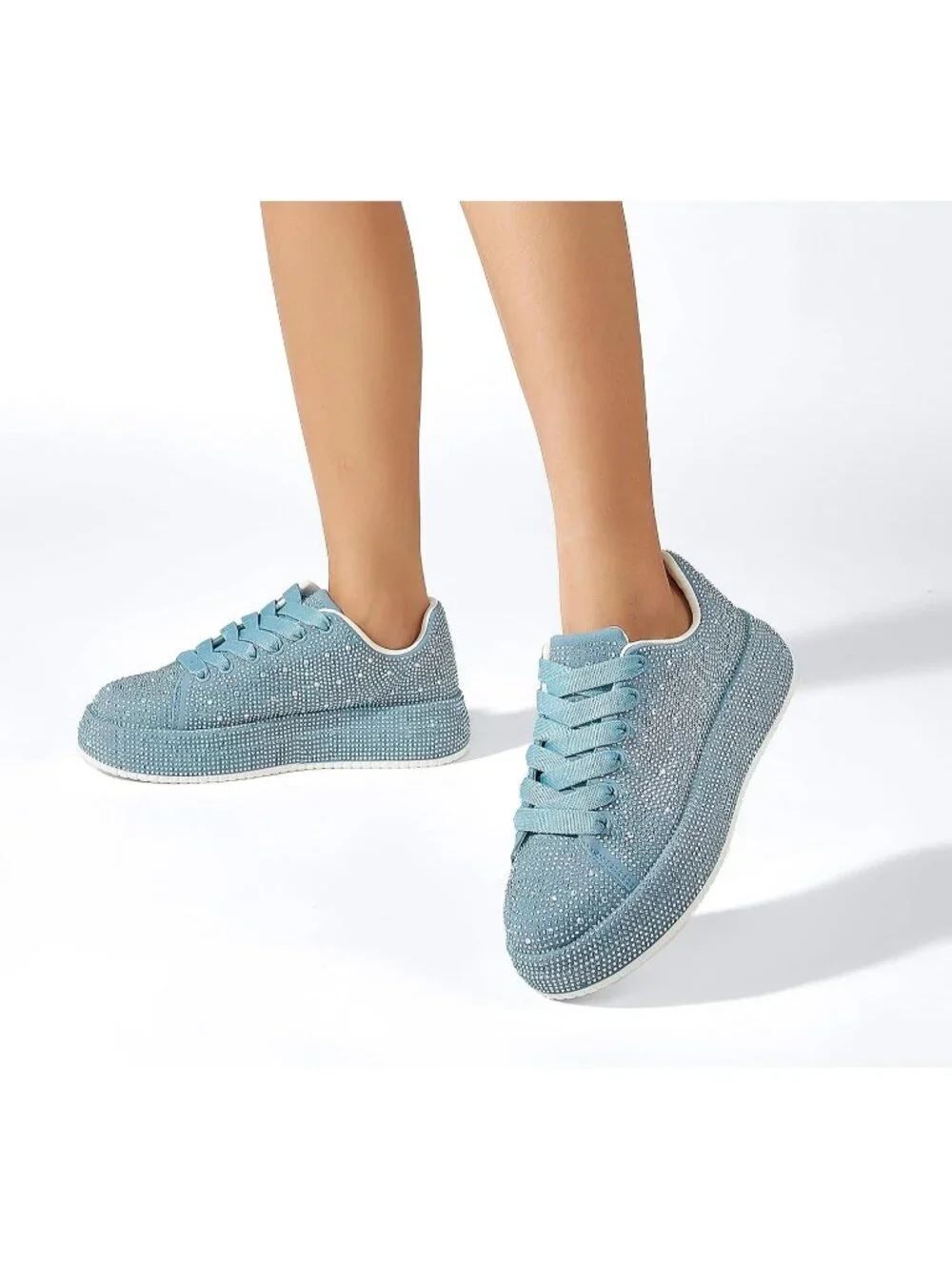 🆕Women's Blue Sparkly Glitter Bling Tennis Rhinestone Platform Sneakers